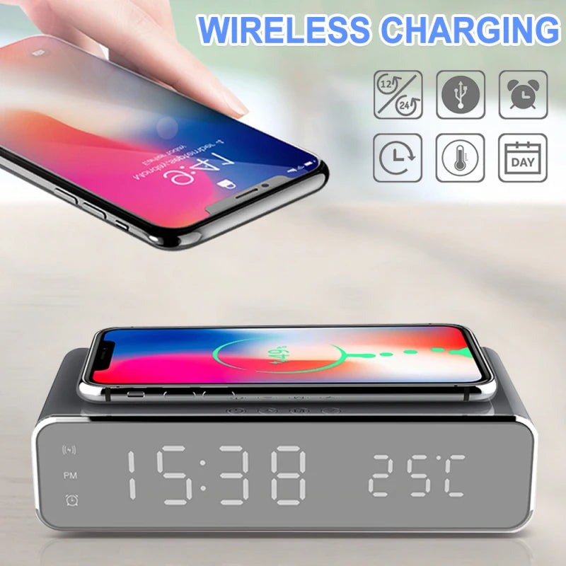 Electric Led Alarm Clock With Phone Wireless Charger Desktop Digital Date Thermometer Time Display HD Clock Mirror Table Clock