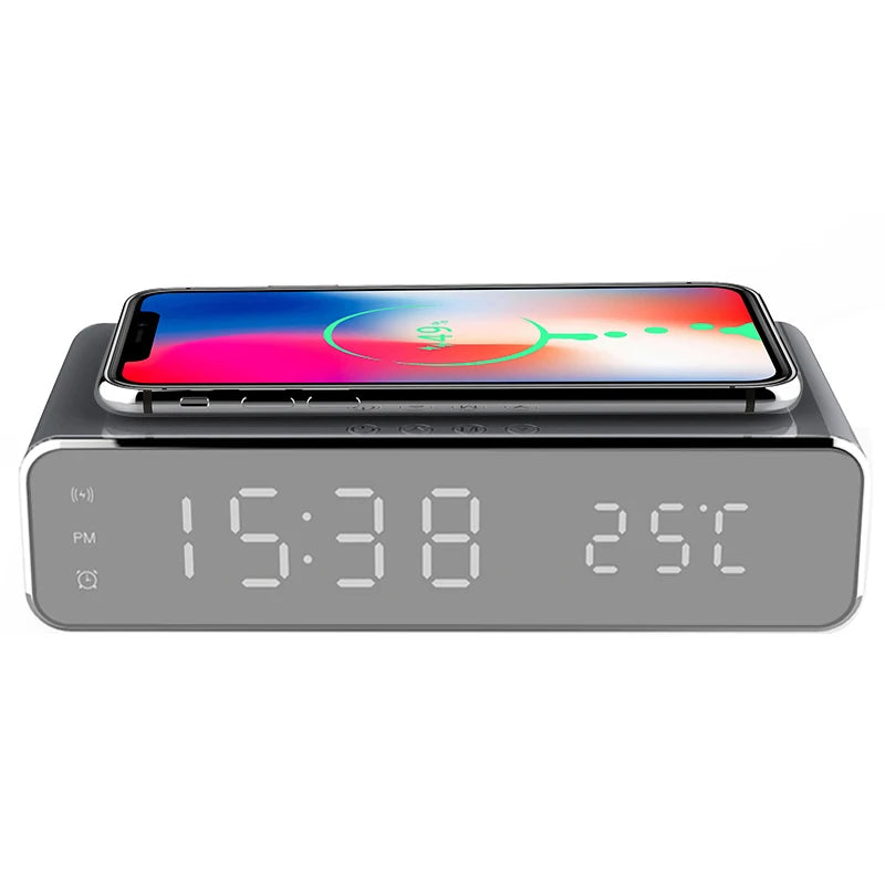 Electric Led Alarm Clock With Phone Wireless Charger Desktop Digital Date Thermometer Time Display HD Clock Mirror Table Clock