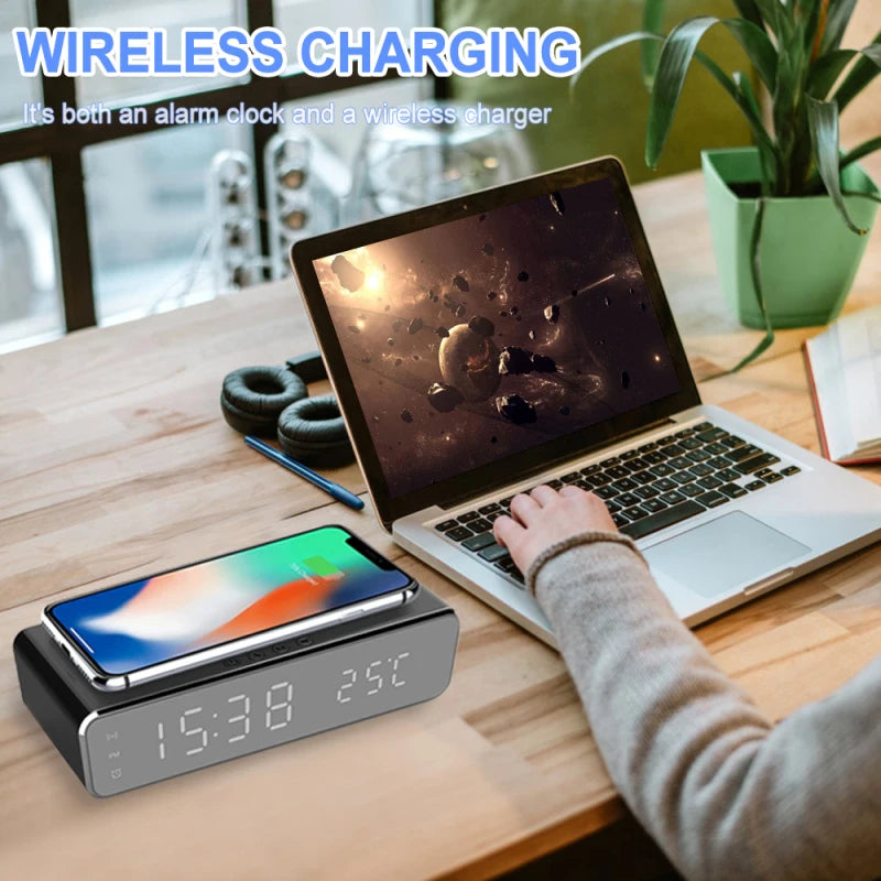 Electric Led Alarm Clock With Phone Wireless Charger Desktop Digital Date Thermometer Time Display HD Clock Mirror Table Clock