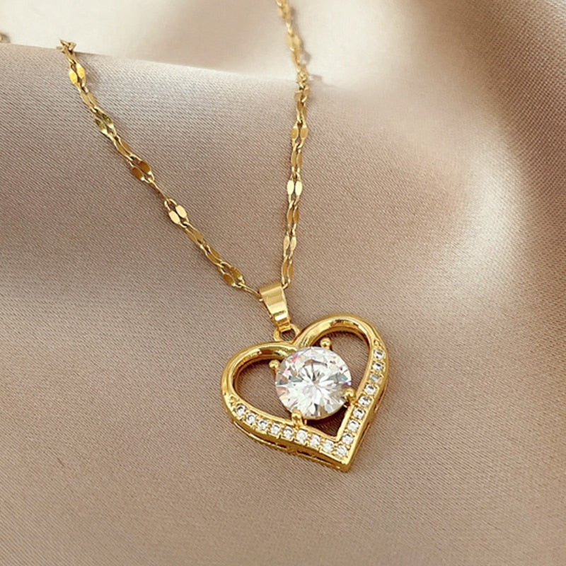 Artificial gems not fade color heart Pendant Necklaces for women Gold Titanium steel Neck Chain Jewelry Gift for Girl