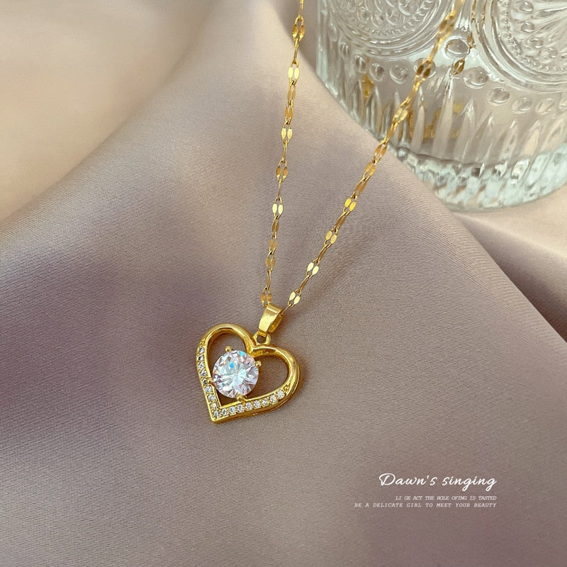 Artificial gems not fade color heart Pendant Necklaces for women Gold Titanium steel Neck Chain Jewelry Gift for Girl