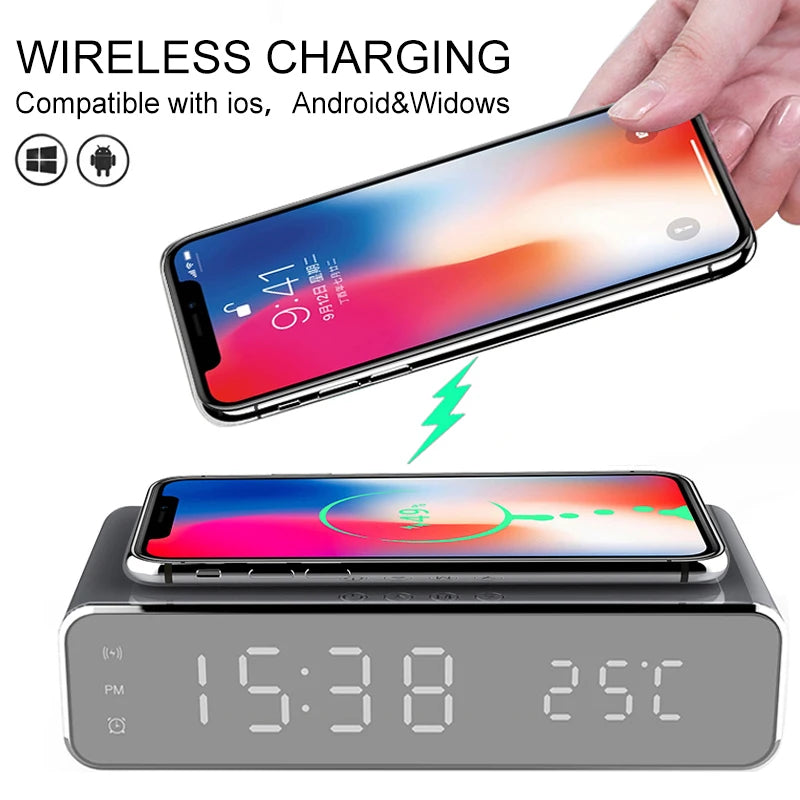 Electric Led Alarm Clock With Phone Wireless Charger Desktop Digital Date Thermometer Time Display HD Clock Mirror Table Clock