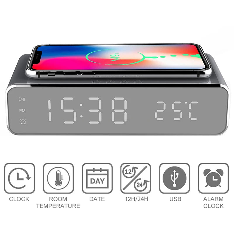 Electric Led Alarm Clock With Phone Wireless Charger Desktop Digital Date Thermometer Time Display HD Clock Mirror Table Clock