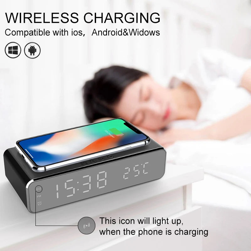 Electric Led Alarm Clock With Phone Wireless Charger Desktop Digital Date Thermometer Time Display HD Clock Mirror Table Clock