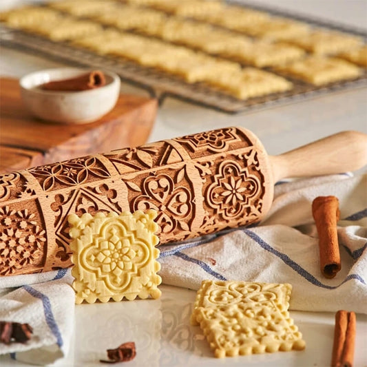 Christmas Rolling Pins Rock Snowflake Elk Wooden Rolling Embossing Baking Cookies Biscuit Fondant Cake Patterned Roller 35*5cm