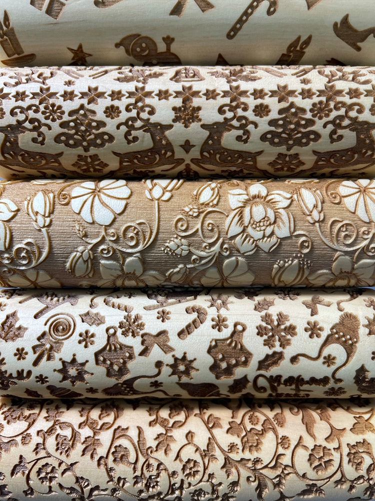 Christmas Rolling Pins Rock Snowflake Elk Wooden Rolling Embossing Baking Cookies Biscuit Fondant Cake Patterned Roller 35*5cm