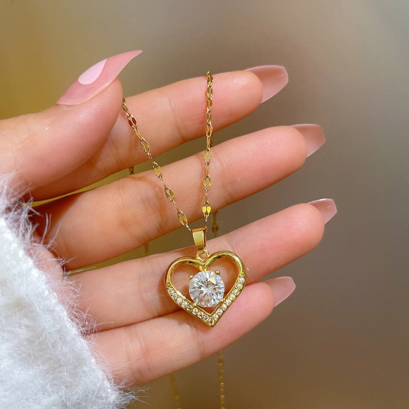 Artificial gems not fade color heart Pendant Necklaces for women Gold Titanium steel Neck Chain Jewelry Gift for Girl
